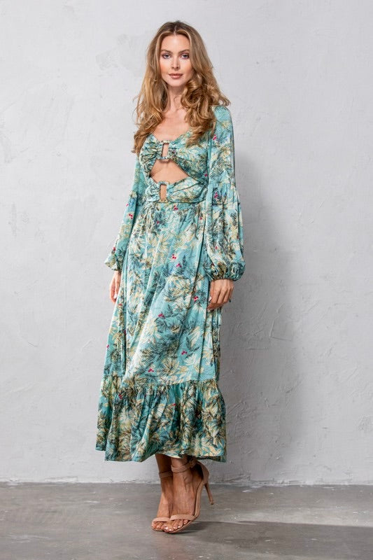 Cutout Leaf Print Maxi Dress