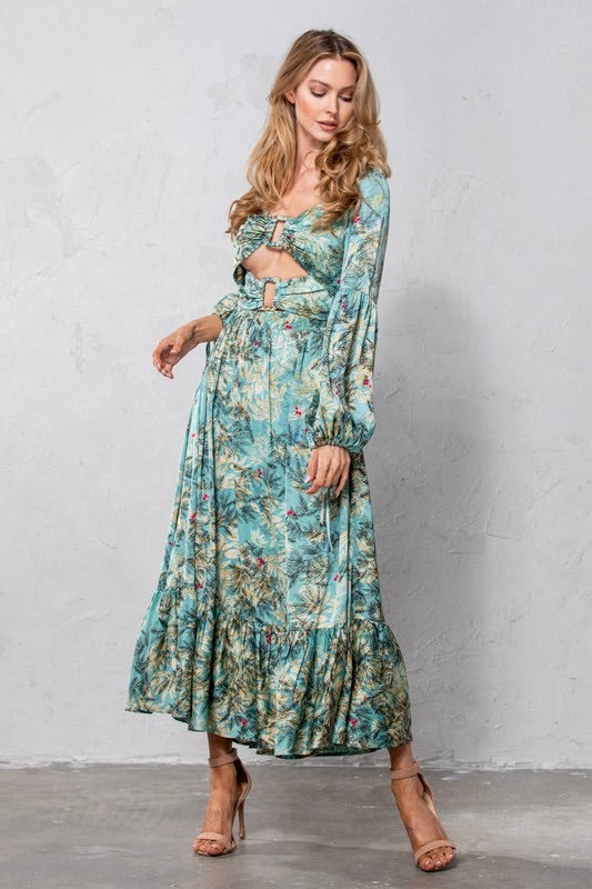 Cutout Leaf Print Maxi Dress