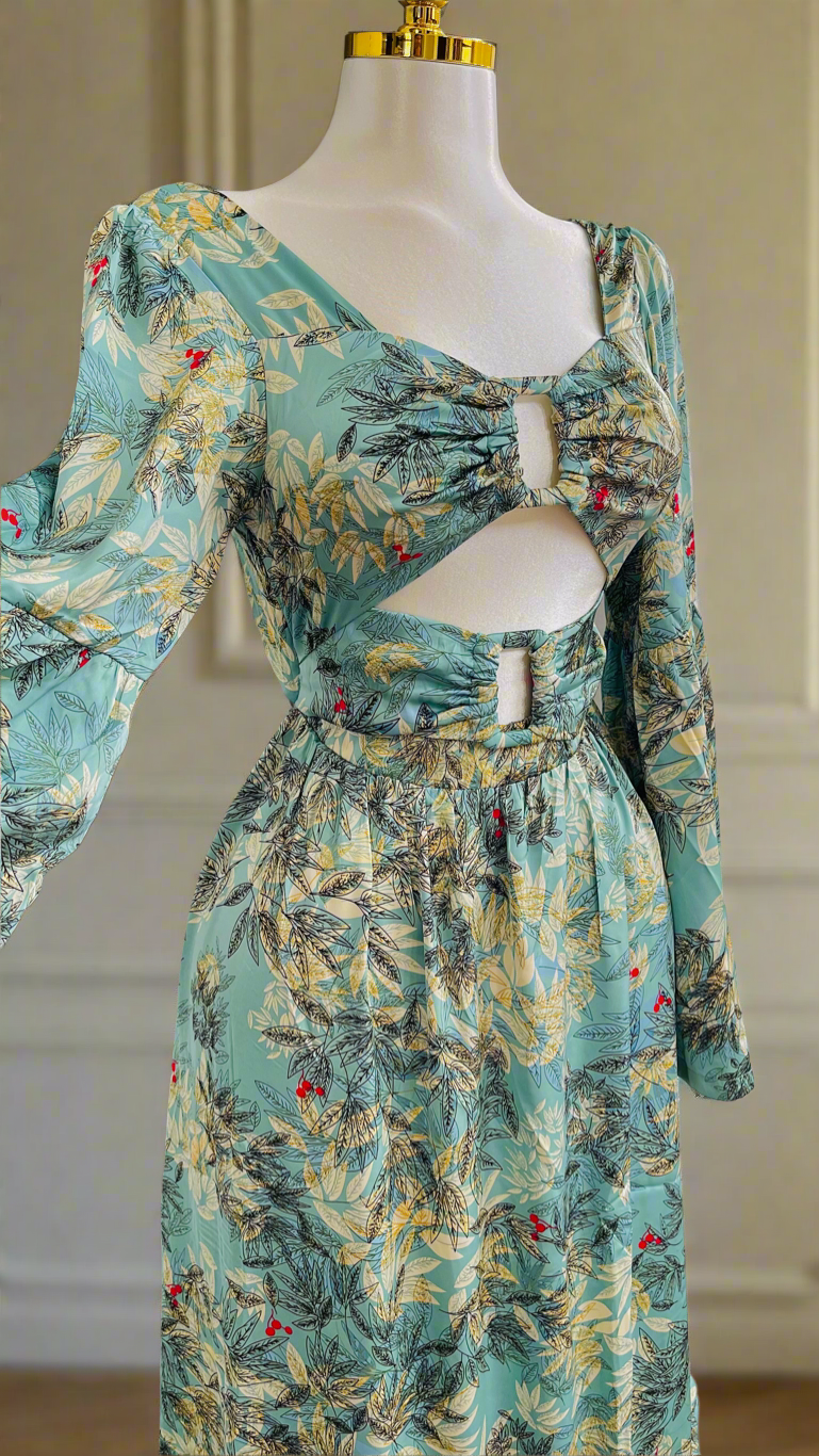 Cutout Leaf Print Maxi Dress
