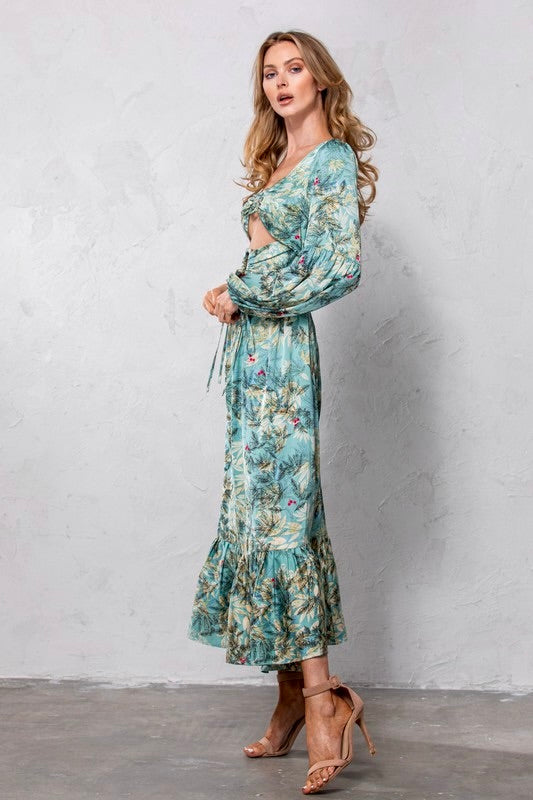 Cutout Leaf Print Maxi Dress