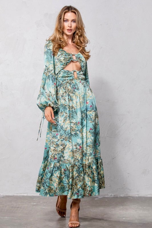 Cutout Leaf Print Maxi Dress