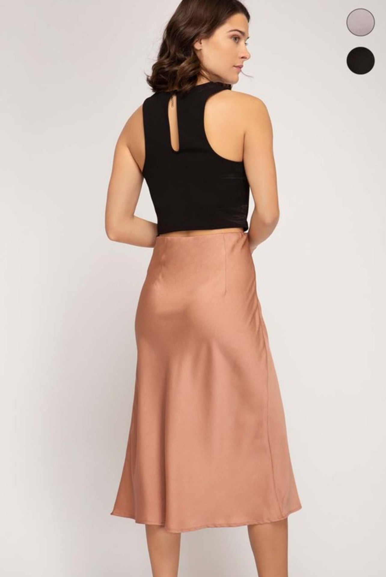 Apricot Satin Midi Skirt