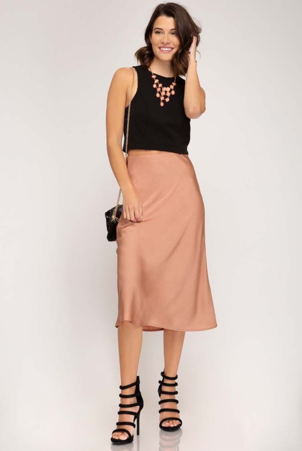 Apricot Satin Midi Skirt