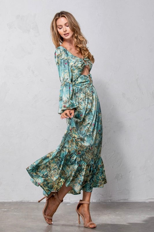 Cutout Leaf Print Maxi Dress