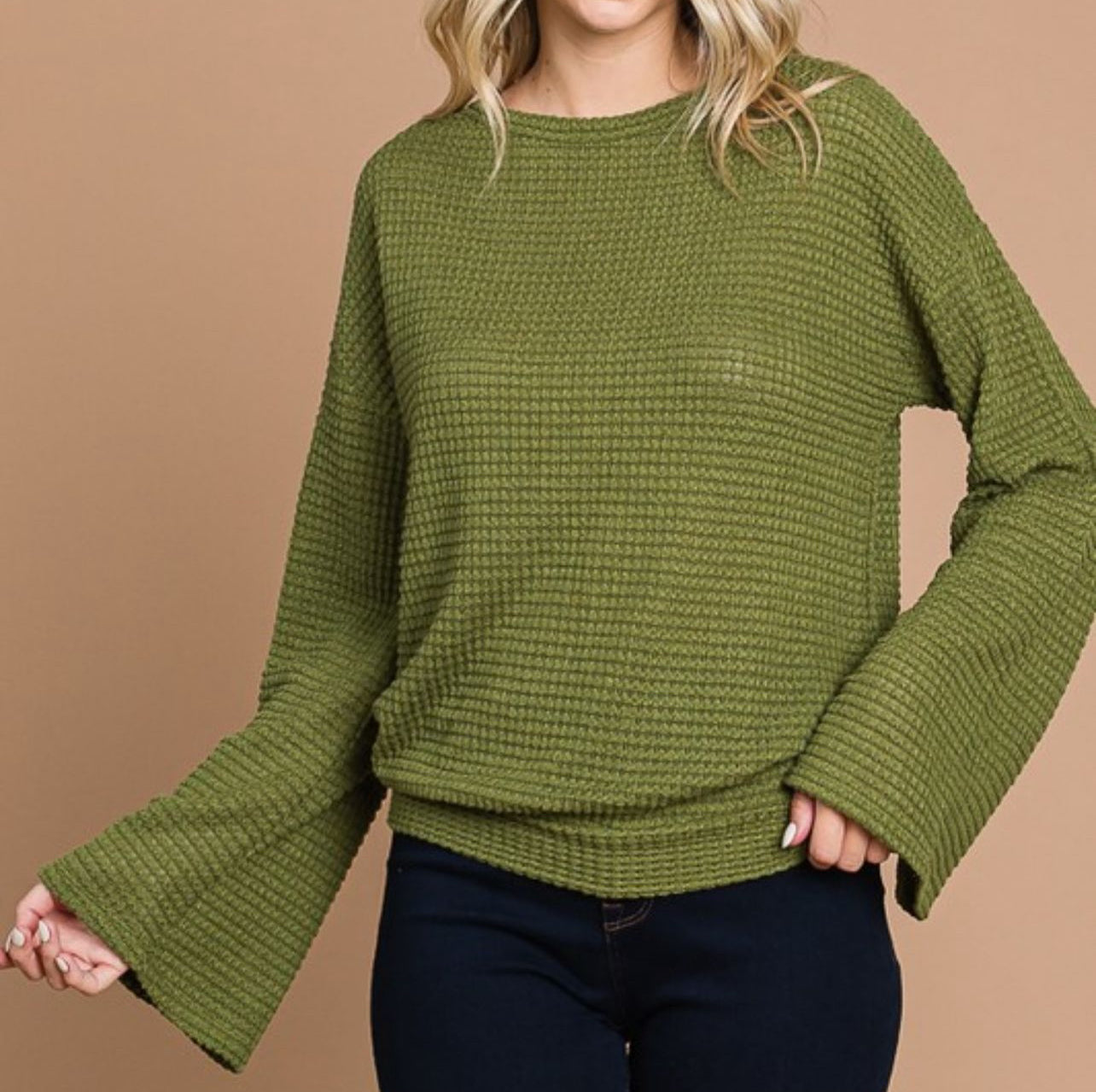 Bell sleeve waffle knit top