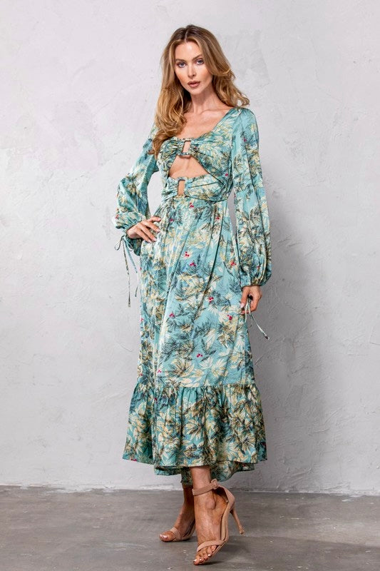Cutout Leaf Print Maxi Dress