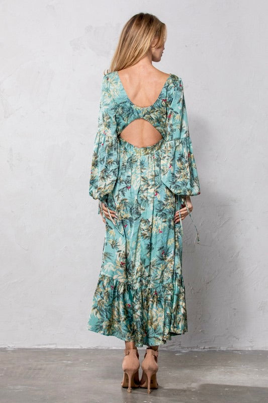 Cutout Leaf Print Maxi Dress